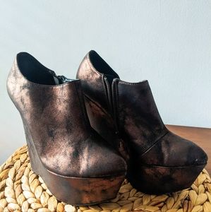 Distressed Bronze Metallic Platform Wedge Bootie